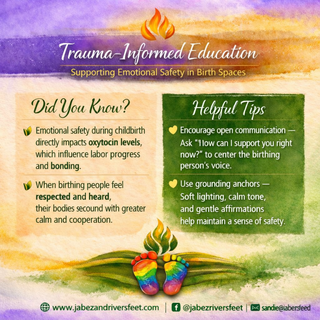 Trauma-informed education graphic about emotional safety during childbirth